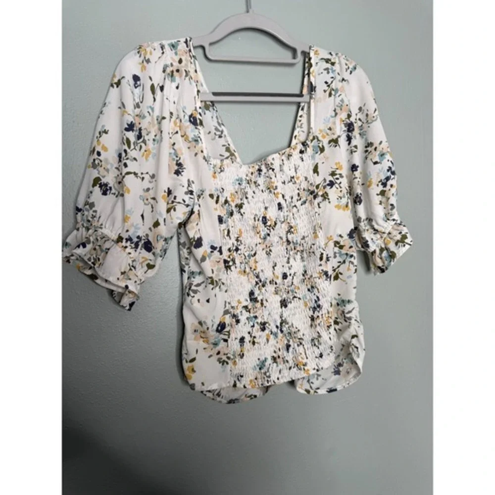 Abercrombie & Fitch green and yellow‎ floral print rouched boho Gypsy blouse